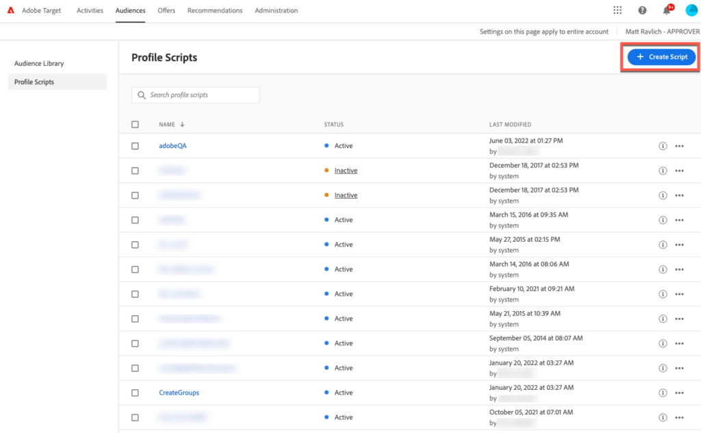 Profile scripts library in Adobe Target.