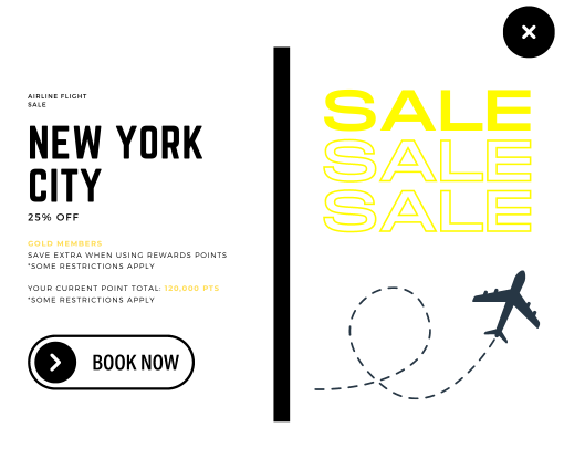 A personalized flight sale offer to NYC with additional savings for loyalty members who have a Gold status with personalization. 