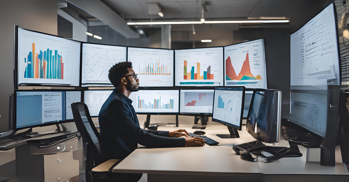 Data analyst monitoring business analytics and visual reports on multiple computer screens in a modern office