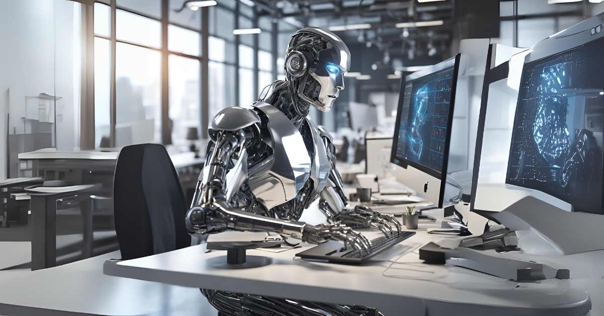 AI robot typing at a computer in a modern office, symbolizing the future of workplace automation.