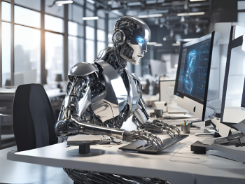 AI robot typing at a computer in a modern office, symbolizing the future of workplace automation.