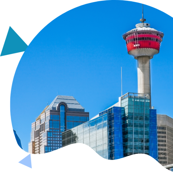 Calgary Tower and downtown skyscrapers against a clear blue sky, representing local SEO services in Calgary.