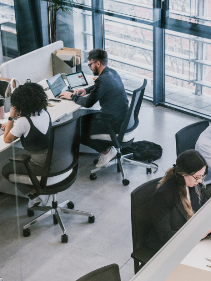 Employees working at their desks on Adobe Experience Cloud and Platform Implementations in a modern office with large windows and collaborative workstations.