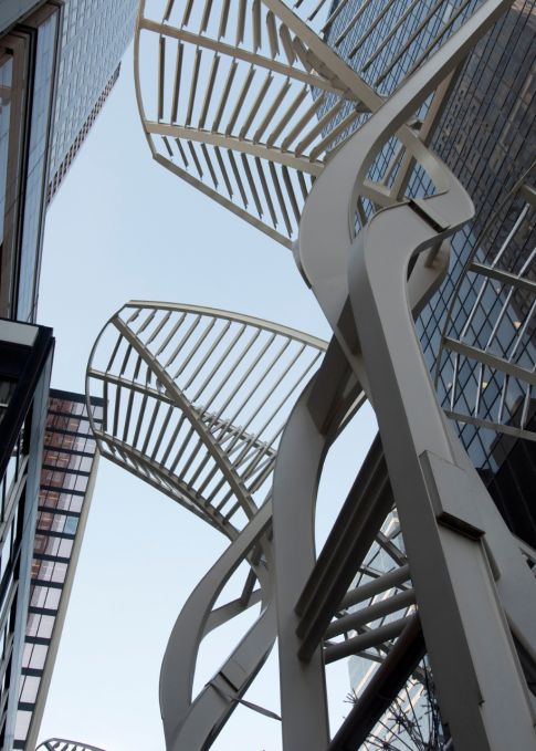 Close-up of unique architectural structures in Calgary’s downtown, symbolizing innovation for local SEO services.